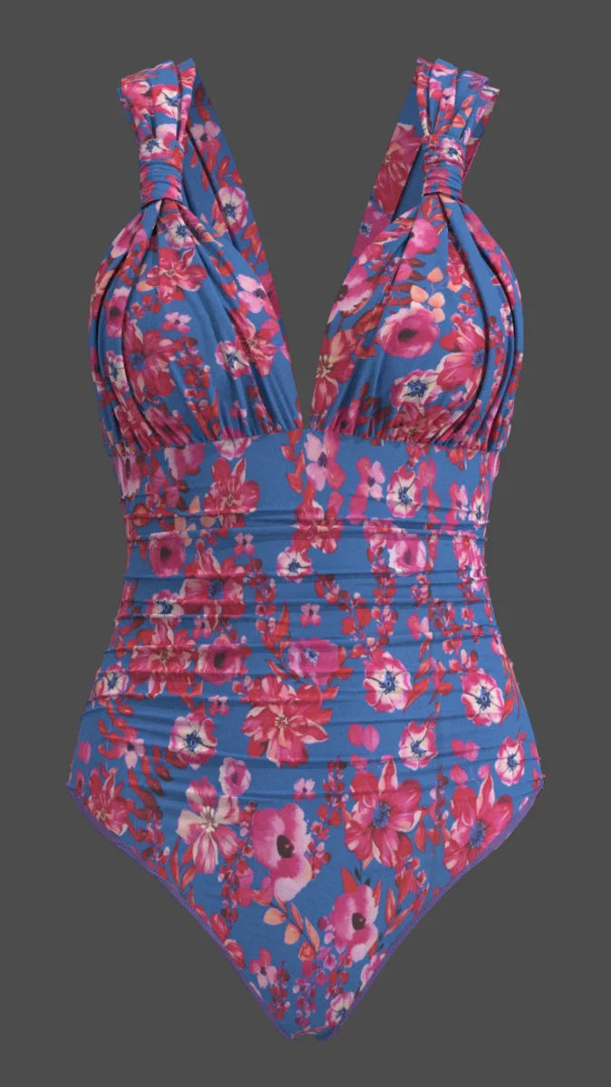 泳装蓝底红花印花 2